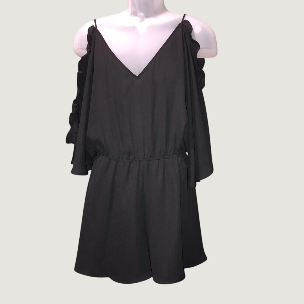 Bold Elements Black Chiffon Flowy Ruffled Split Cold-Shoulder Romper - Picture 2 of 12